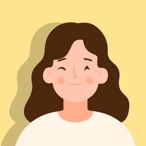 Cartoon illustration of a smiling woman with brown hair on a pale yellow background.